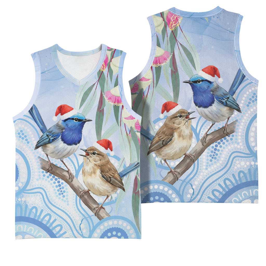 Australia Superb Fairywren Christmas Basketball Jersey Aboriginal Eucalyptus Blossoms Watercolor - Aussie Hoodie