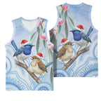 Australia Superb Fairywren Christmas Basketball Jersey Aboriginal Eucalyptus Blossoms Watercolor - Aussie Hoodie