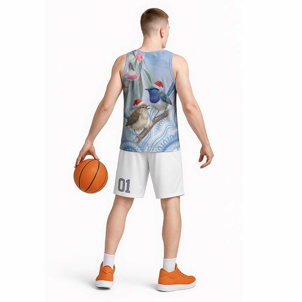 Australia Superb Fairywren Christmas Basketball Jersey Aboriginal Eucalyptus Blossoms Watercolor - Aussie Hoodie