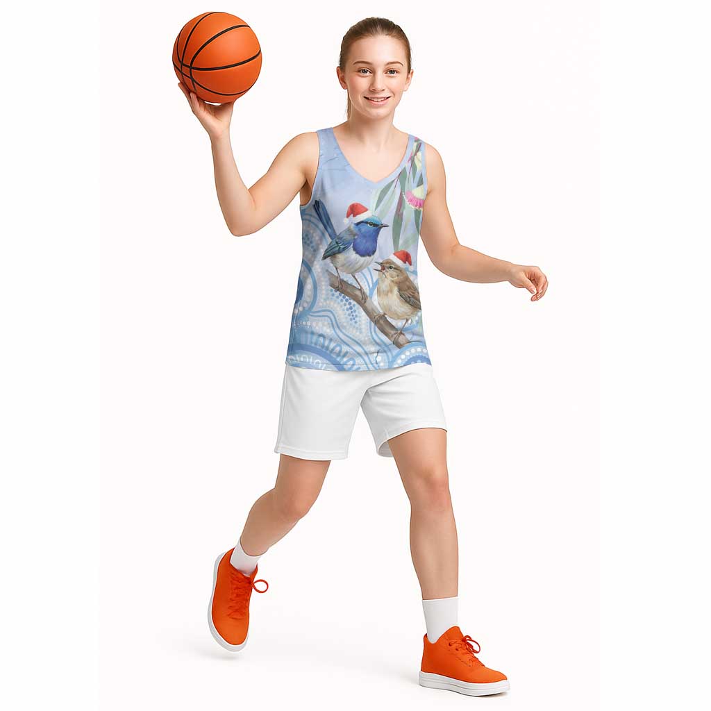 Australia Superb Fairywren Christmas Basketball Jersey Aboriginal Eucalyptus Blossoms Watercolor - Aussie Hoodie
