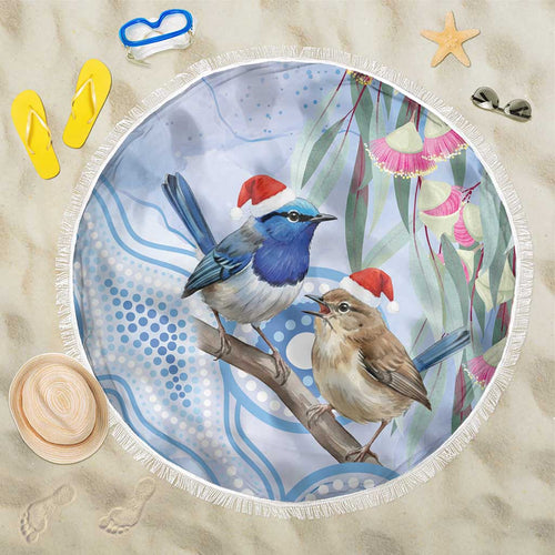 Australia Superb Fairywren Christmas Beach Blanket Aboriginal Eucalyptus Blossoms Watercolor - Aussie Hoodie