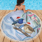 Australia Superb Fairywren Christmas Beach Blanket Aboriginal Eucalyptus Blossoms Watercolor - Aussie Hoodie