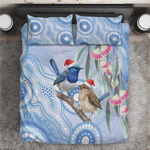 Australia Superb Fairywren Christmas Bedding Set Aboriginal Eucalyptus Blossoms Watercolor - Aussie Hoodie