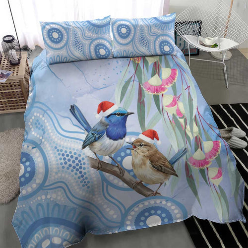 Australia Superb Fairywren Christmas Bedding Set Aboriginal Eucalyptus Blossoms Watercolor - Aussie Hoodie