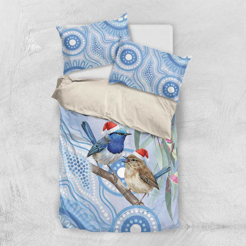 Australia Superb Fairywren Christmas Bedding Set Aboriginal Eucalyptus Blossoms Watercolor - Aussie Hoodie