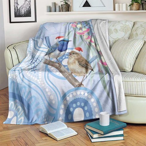Australia Superb Fairywren Christmas Blanket Aboriginal Eucalyptus Blossoms Watercolor - Aussie Hoodie