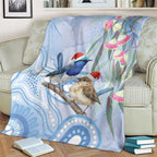 Australia Superb Fairywren Christmas Blanket Aboriginal Eucalyptus Blossoms Watercolor - Aussie Hoodie