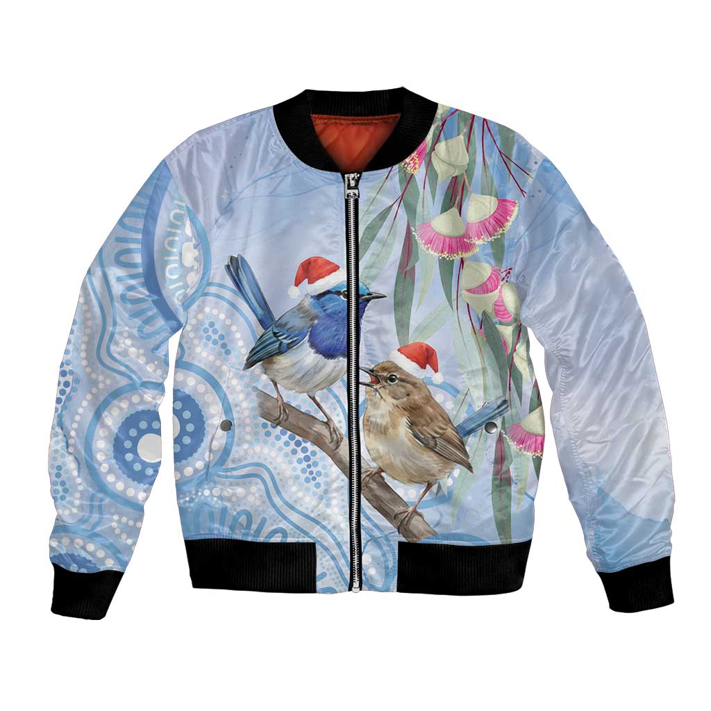 Australia Superb Fairywren Christmas Bomber Jacket Aboriginal Eucalyptus Blossoms Watercolor - Aussie Hoodie