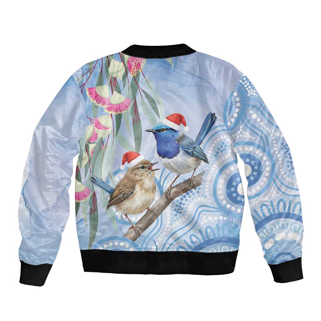 Australia Superb Fairywren Christmas Bomber Jacket Aboriginal Eucalyptus Blossoms Watercolor - Aussie Hoodie