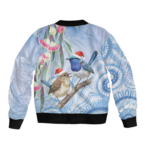 Australia Superb Fairywren Christmas Bomber Jacket Aboriginal Eucalyptus Blossoms Watercolor - Aussie Hoodie