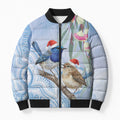 Australia Superb Fairywren Christmas Bomber Puffer Jacket Aboriginal Eucalyptus Blossoms Watercolor - Aussie Hoodie