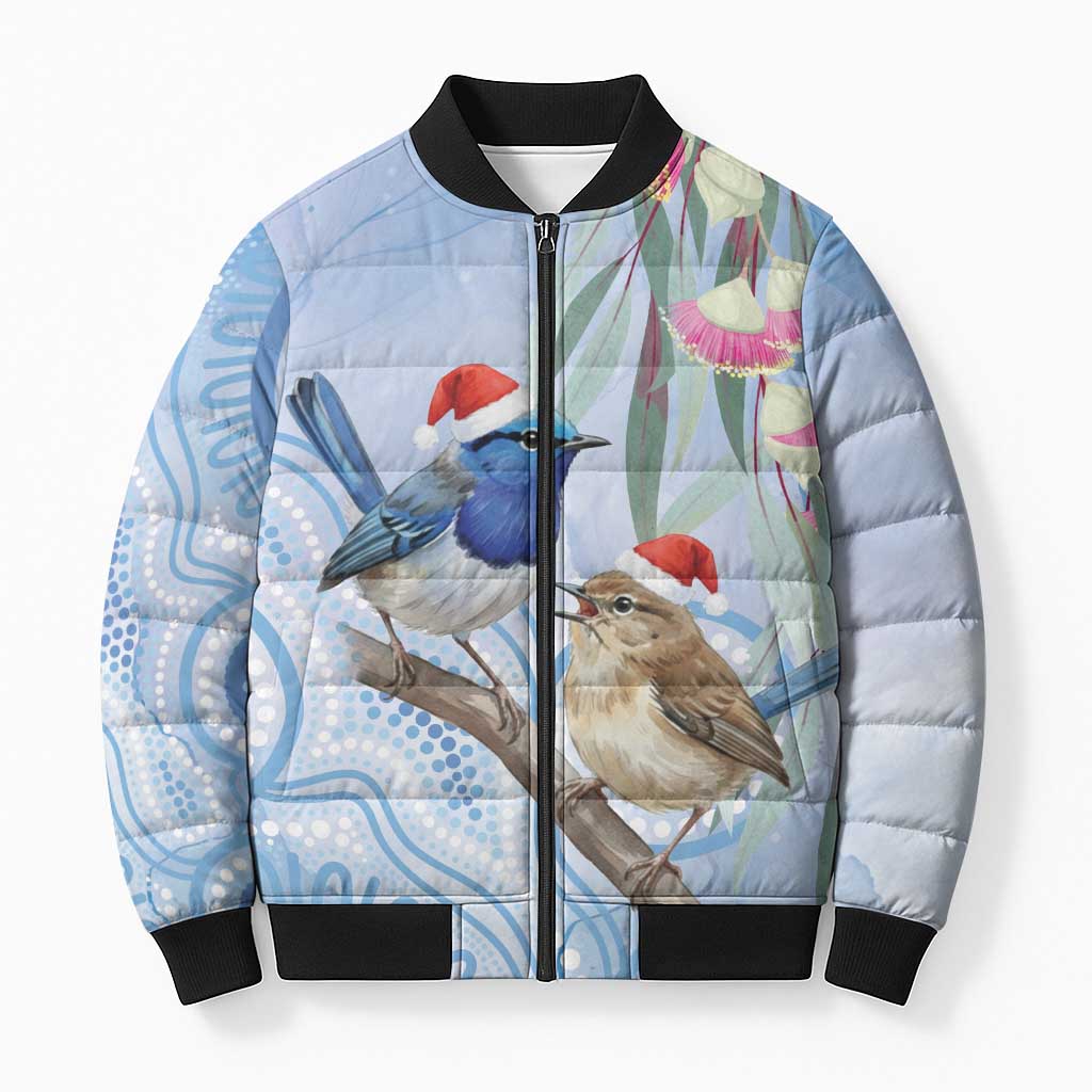 Australia Superb Fairywren Christmas Bomber Puffer Jacket Aboriginal Eucalyptus Blossoms Watercolor - Aussie Hoodie
