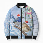 Australia Superb Fairywren Christmas Bomber Puffer Jacket Aboriginal Eucalyptus Blossoms Watercolor - Aussie Hoodie
