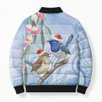 Australia Superb Fairywren Christmas Bomber Puffer Jacket Aboriginal Eucalyptus Blossoms Watercolor - Aussie Hoodie