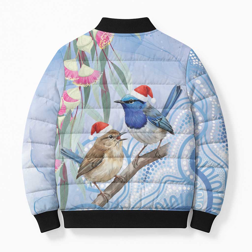 Australia Superb Fairywren Christmas Bomber Puffer Jacket Aboriginal Eucalyptus Blossoms Watercolor - Aussie Hoodie