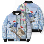 Australia Superb Fairywren Christmas Bomber Puffer Jacket Aboriginal Eucalyptus Blossoms Watercolor - Aussie Hoodie