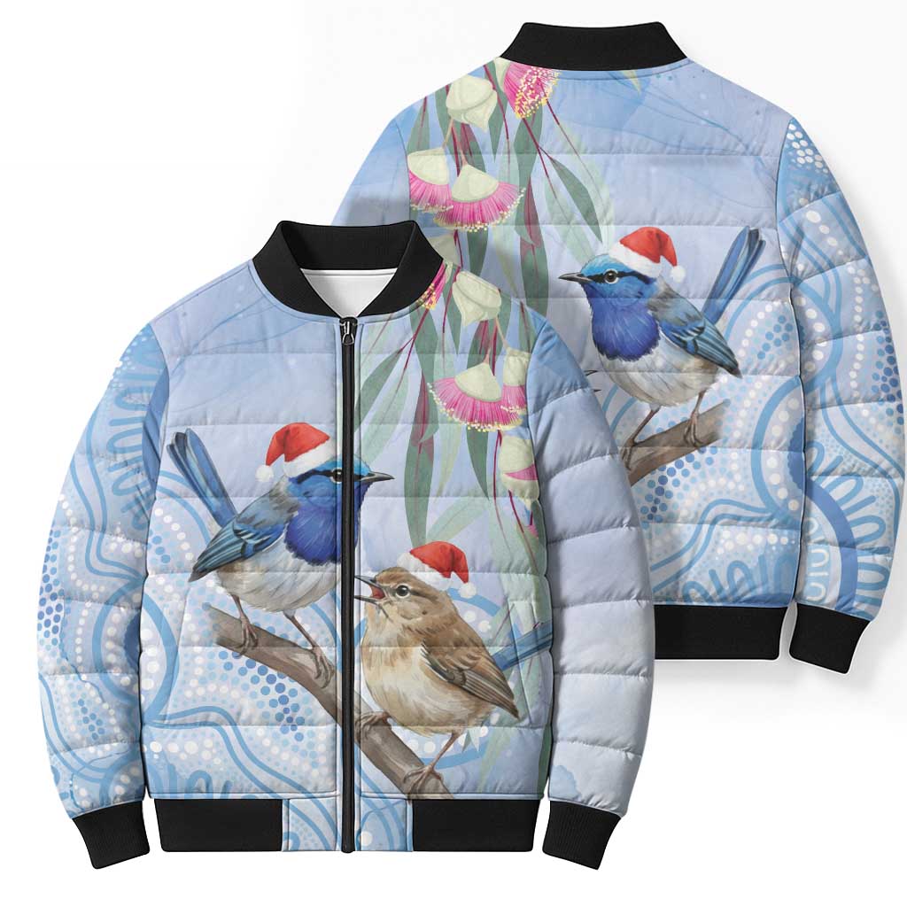Australia Superb Fairywren Christmas Bomber Puffer Jacket Aboriginal Eucalyptus Blossoms Watercolor - Aussie Hoodie