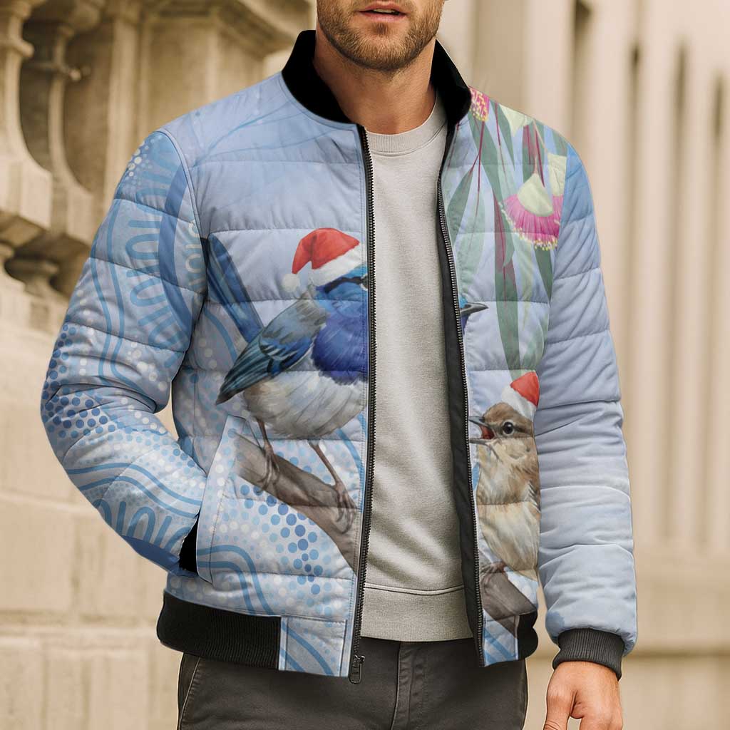 Australia Superb Fairywren Christmas Bomber Puffer Jacket Aboriginal Eucalyptus Blossoms Watercolor - Aussie Hoodie
