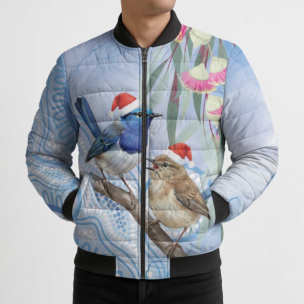 Australia Superb Fairywren Christmas Bomber Puffer Jacket Aboriginal Eucalyptus Blossoms Watercolor - Aussie Hoodie