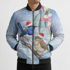 Australia Superb Fairywren Christmas Bomber Puffer Jacket Aboriginal Eucalyptus Blossoms Watercolor - Aussie Hoodie