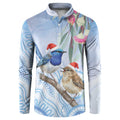 Australia Superb Fairywren Christmas Button Sweatshirt Aboriginal Eucalyptus Blossoms Watercolor - Aussie Hoodie