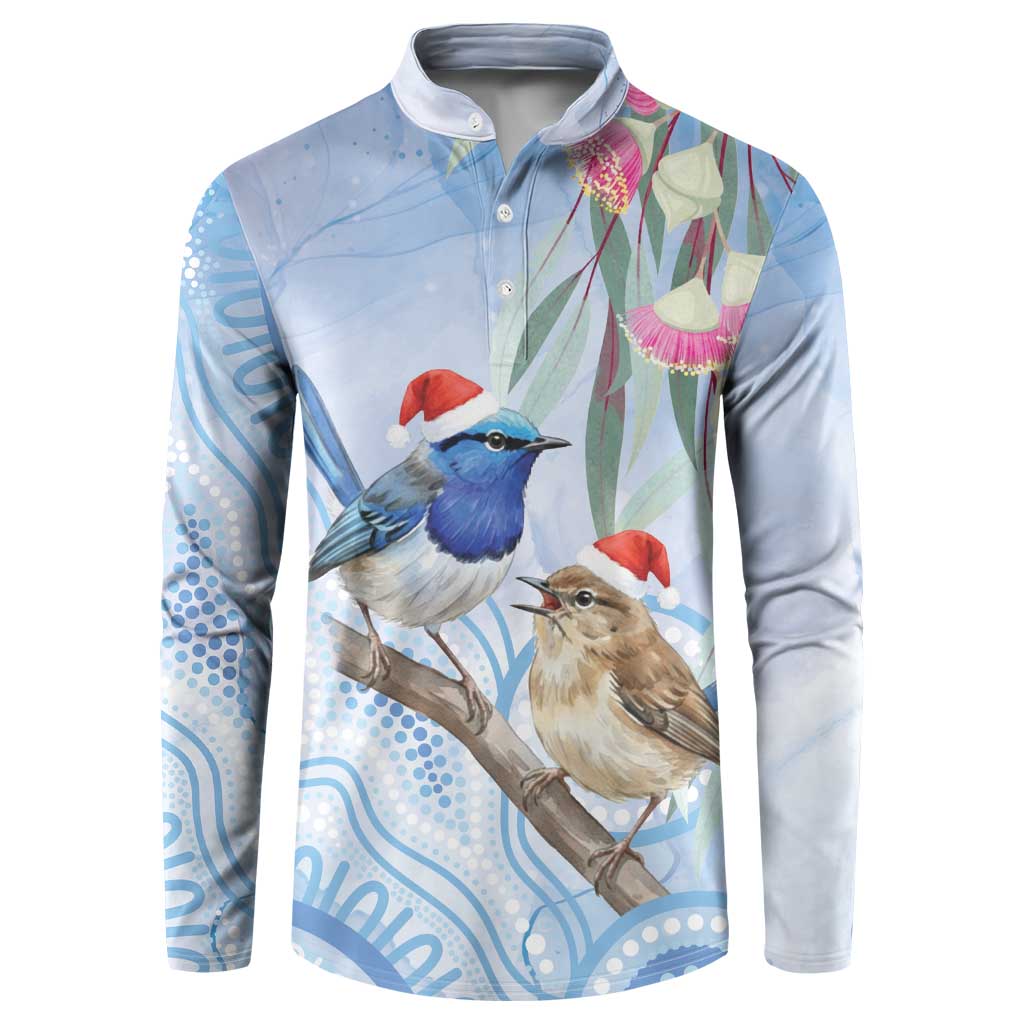 Australia Superb Fairywren Christmas Button Sweatshirt Aboriginal Eucalyptus Blossoms Watercolor - Aussie Hoodie