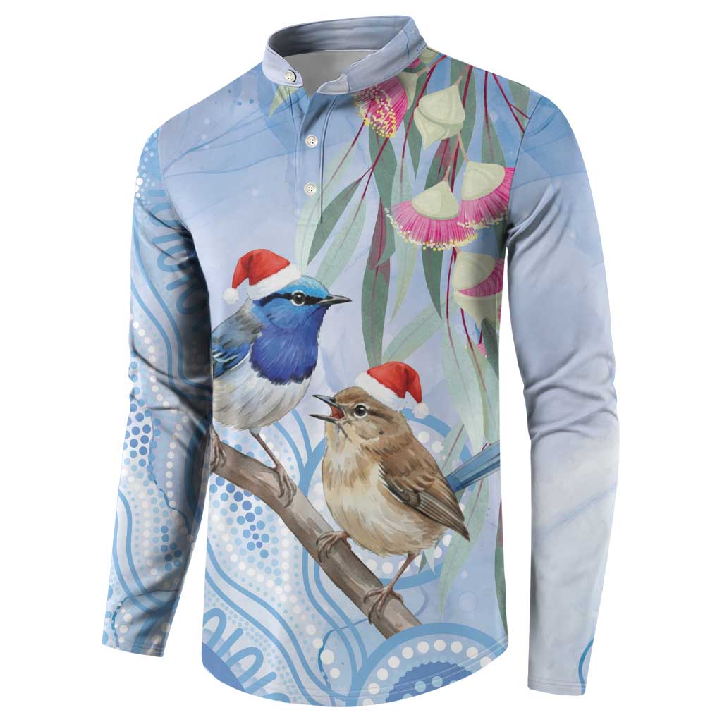 Australia Superb Fairywren Christmas Button Sweatshirt Aboriginal Eucalyptus Blossoms Watercolor - Aussie Hoodie