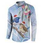 Australia Superb Fairywren Christmas Button Sweatshirt Aboriginal Eucalyptus Blossoms Watercolor - Aussie Hoodie