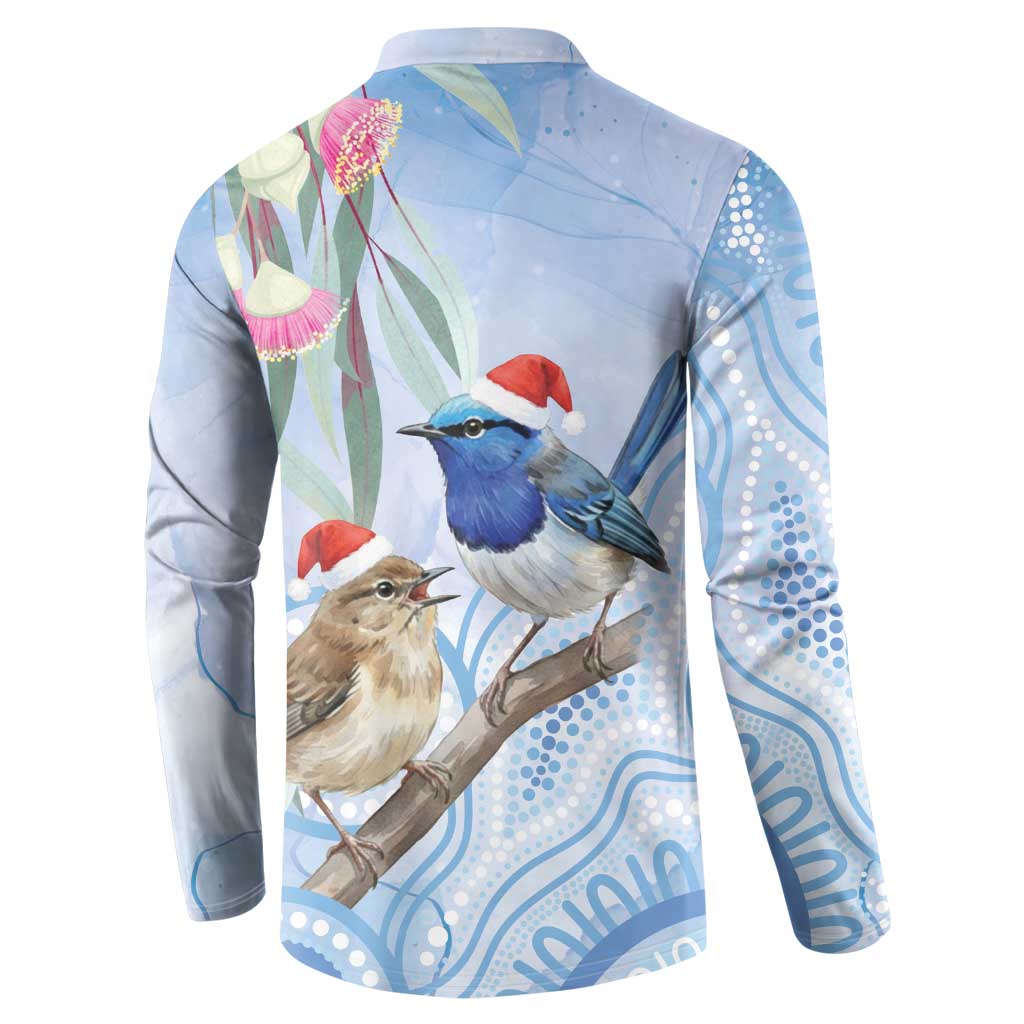 Australia Superb Fairywren Christmas Button Sweatshirt Aboriginal Eucalyptus Blossoms Watercolor - Aussie Hoodie