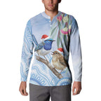 Australia Superb Fairywren Christmas Button Sweatshirt Aboriginal Eucalyptus Blossoms Watercolor - Aussie Hoodie