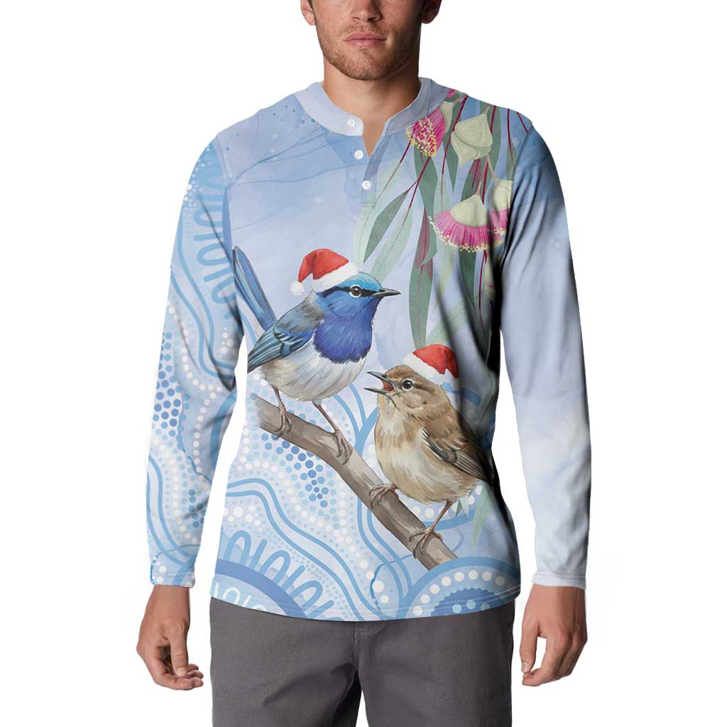 Australia Superb Fairywren Christmas Button Sweatshirt Aboriginal Eucalyptus Blossoms Watercolor - Aussie Hoodie