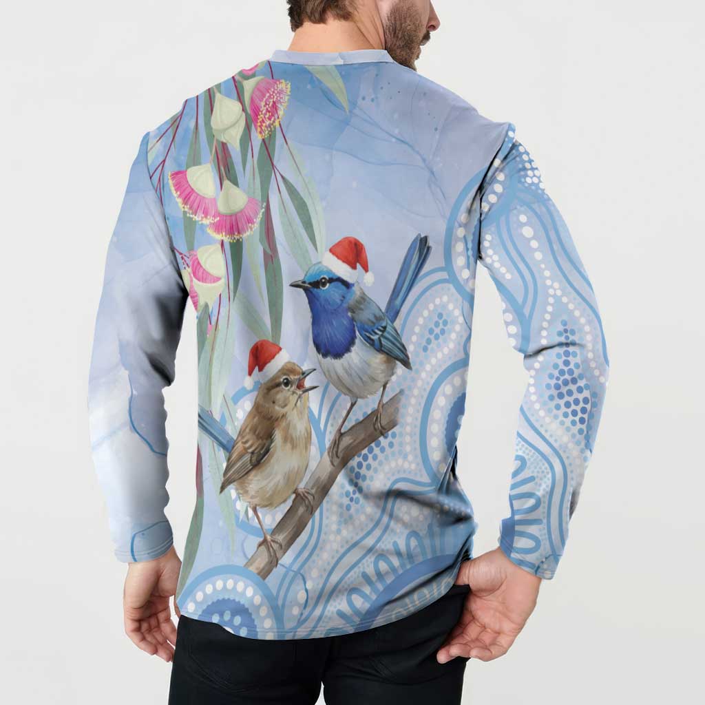 Australia Superb Fairywren Christmas Button Sweatshirt Aboriginal Eucalyptus Blossoms Watercolor - Aussie Hoodie