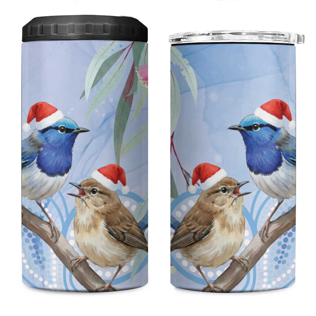 Australia Superb Fairywren Christmas 4 in 1 Can Cooler Tumbler Aboriginal Eucalyptus Blossoms Watercolor - Aussie Hoodie