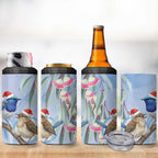 Australia Superb Fairywren Christmas 4 in 1 Can Cooler Tumbler Aboriginal Eucalyptus Blossoms Watercolor - Aussie Hoodie