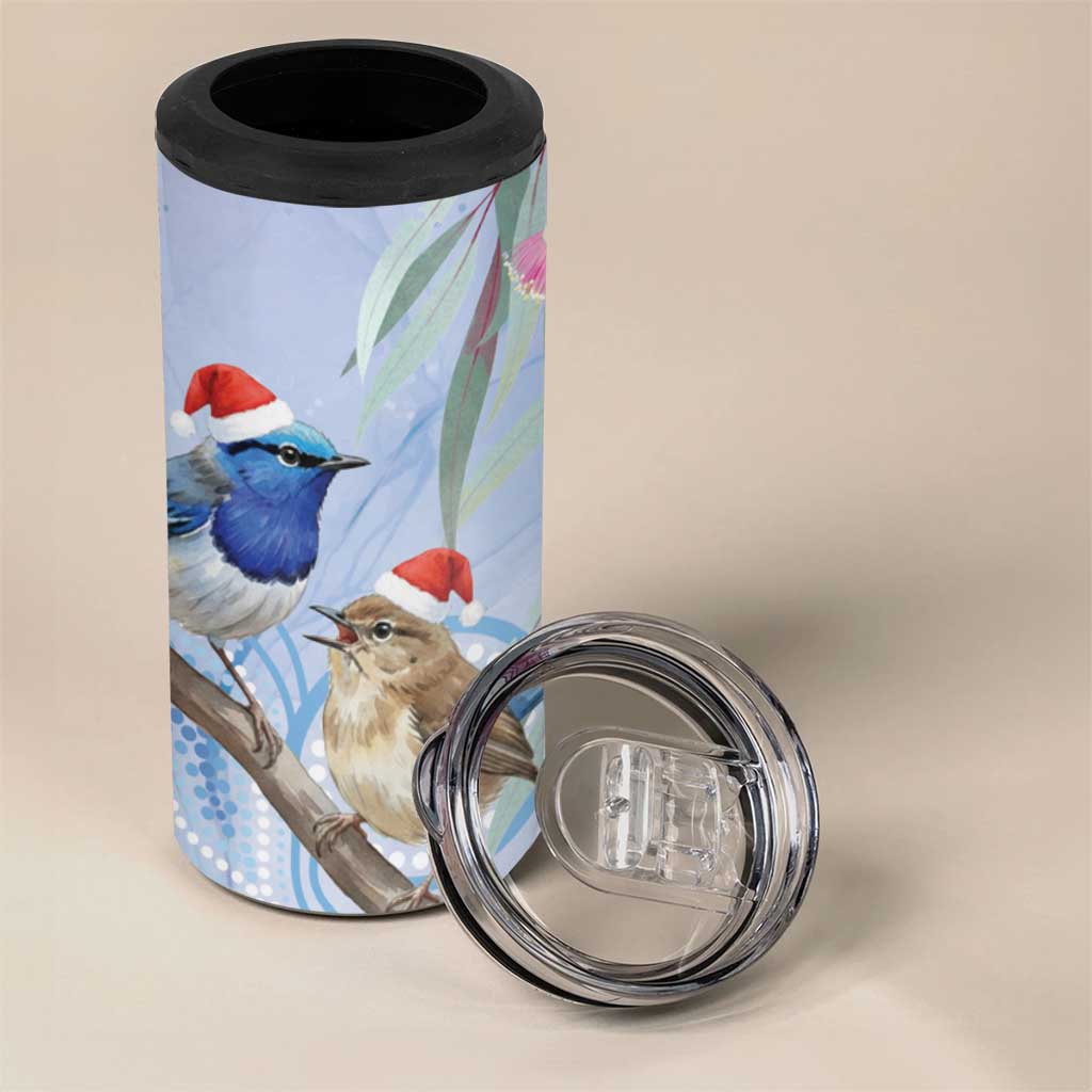 Australia Superb Fairywren Christmas 4 in 1 Can Cooler Tumbler Aboriginal Eucalyptus Blossoms Watercolor - Aussie Hoodie