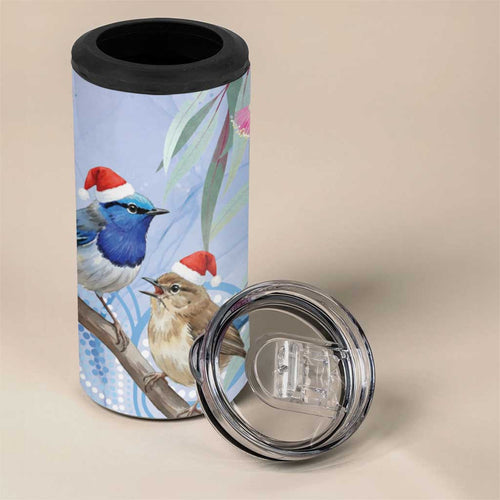 Australia Superb Fairywren Christmas 4 in 1 Can Cooler Tumbler Aboriginal Eucalyptus Blossoms Watercolor - Aussie Hoodie