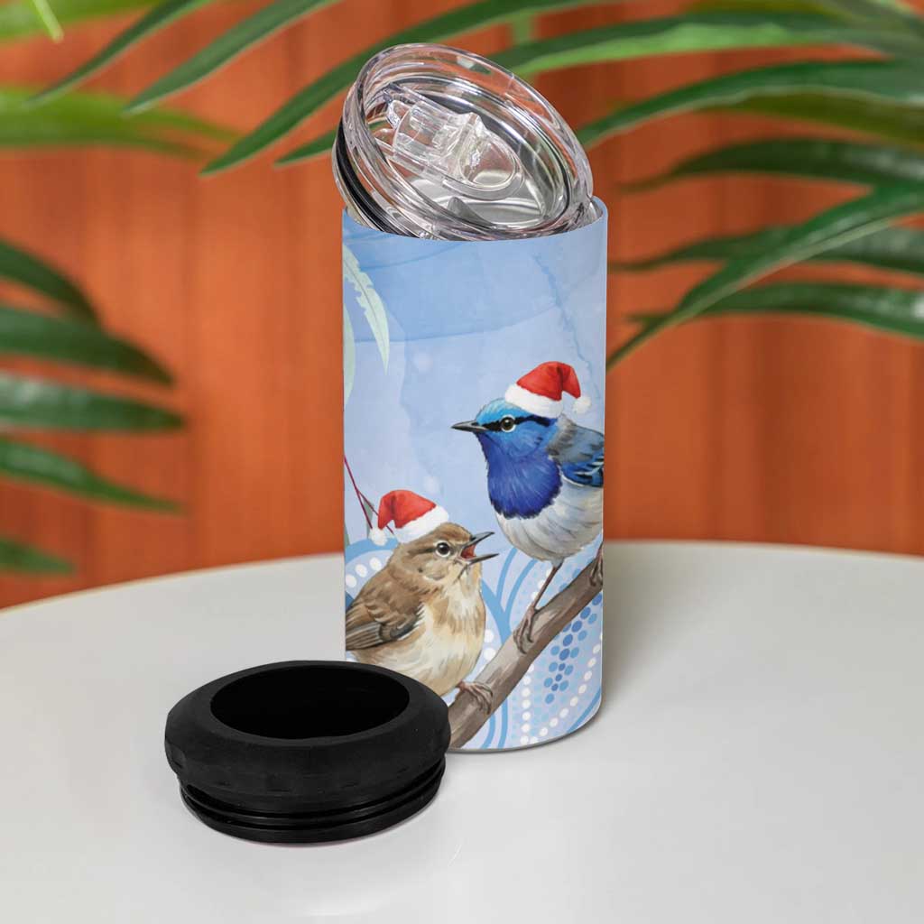 Australia Superb Fairywren Christmas 4 in 1 Can Cooler Tumbler Aboriginal Eucalyptus Blossoms Watercolor - Aussie Hoodie
