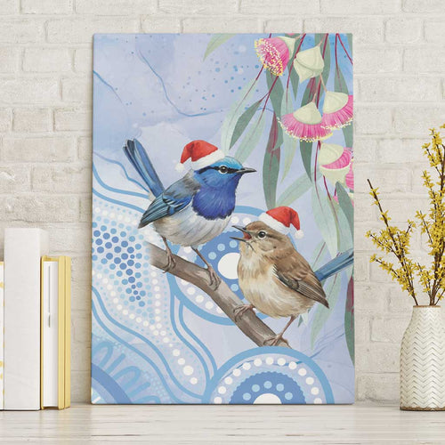 Australia Superb Fairywren Christmas Canvas Wall Art Aboriginal Eucalyptus Blossoms Watercolor - Aussie Hoodie
