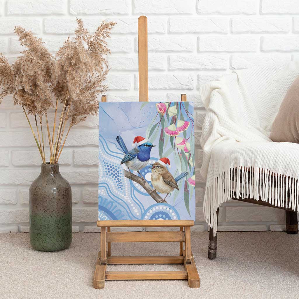 Australia Superb Fairywren Christmas Canvas Wall Art Aboriginal Eucalyptus Blossoms Watercolor - Aussie Hoodie