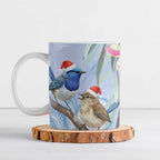 Australia Superb Fairywren Christmas Ceramic Mug Aboriginal Eucalyptus Blossoms Watercolor - Aussie Hoodie
