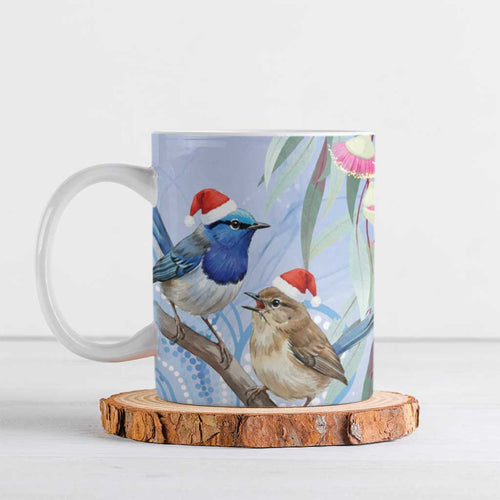 Australia Superb Fairywren Christmas Ceramic Mug Aboriginal Eucalyptus Blossoms Watercolor - Aussie Hoodie