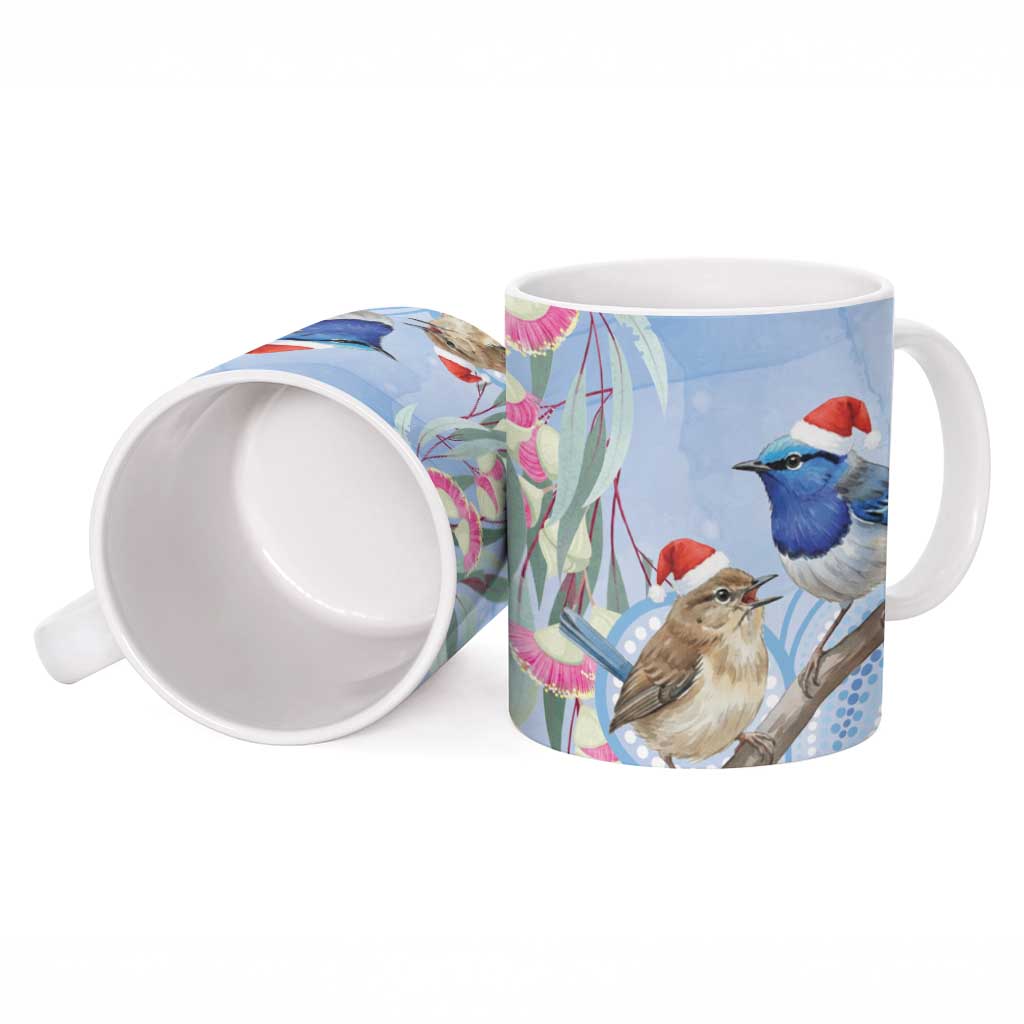 Australia Superb Fairywren Christmas Ceramic Mug Aboriginal Eucalyptus Blossoms Watercolor - Aussie Hoodie