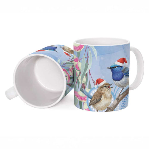Australia Superb Fairywren Christmas Ceramic Mug Aboriginal Eucalyptus Blossoms Watercolor - Aussie Hoodie