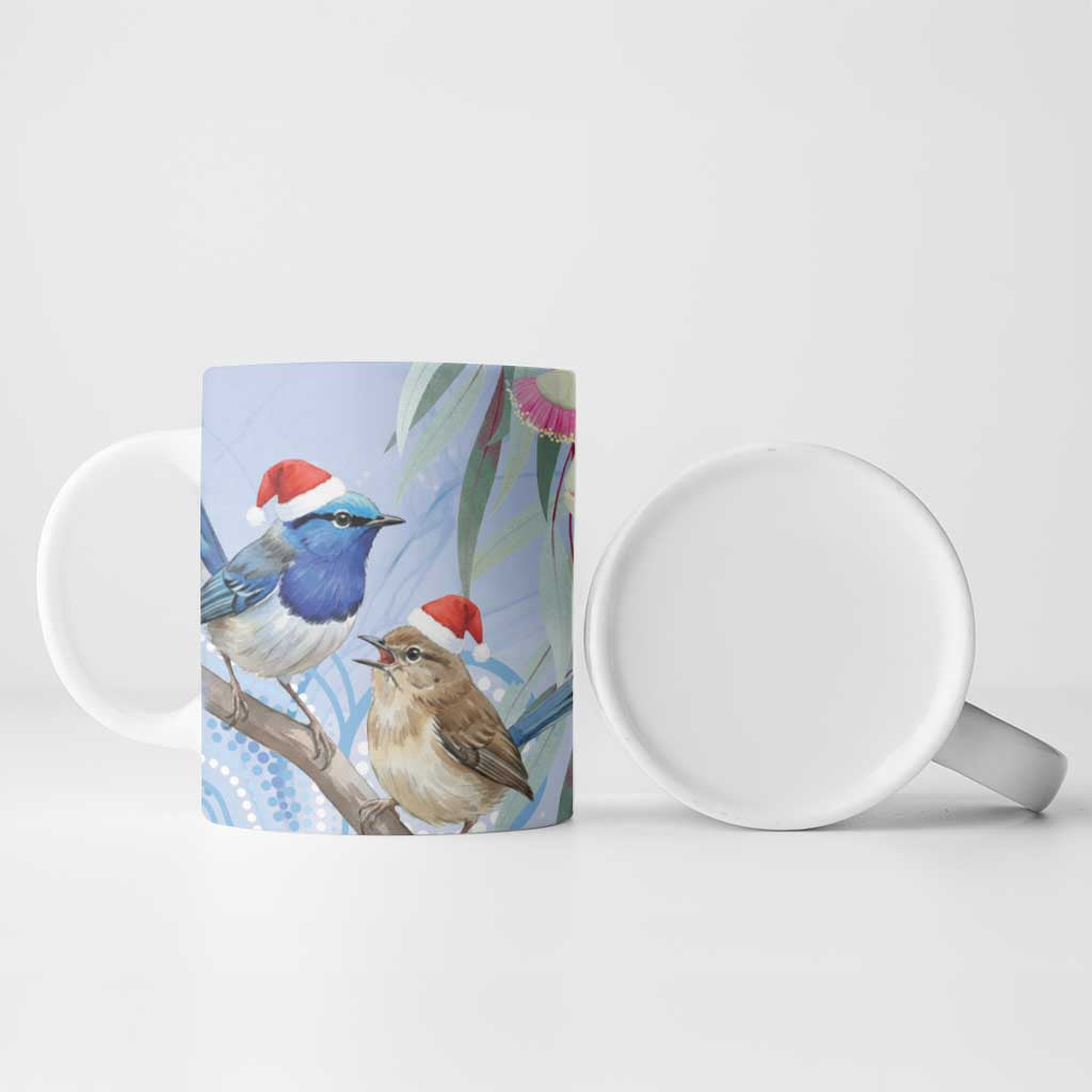 Australia Superb Fairywren Christmas Ceramic Mug Aboriginal Eucalyptus Blossoms Watercolor - Aussie Hoodie