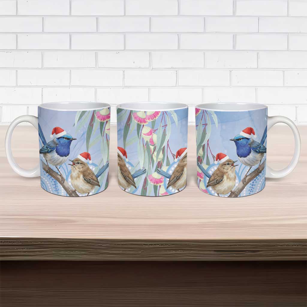 Australia Superb Fairywren Christmas Ceramic Mug Aboriginal Eucalyptus Blossoms Watercolor - Aussie Hoodie
