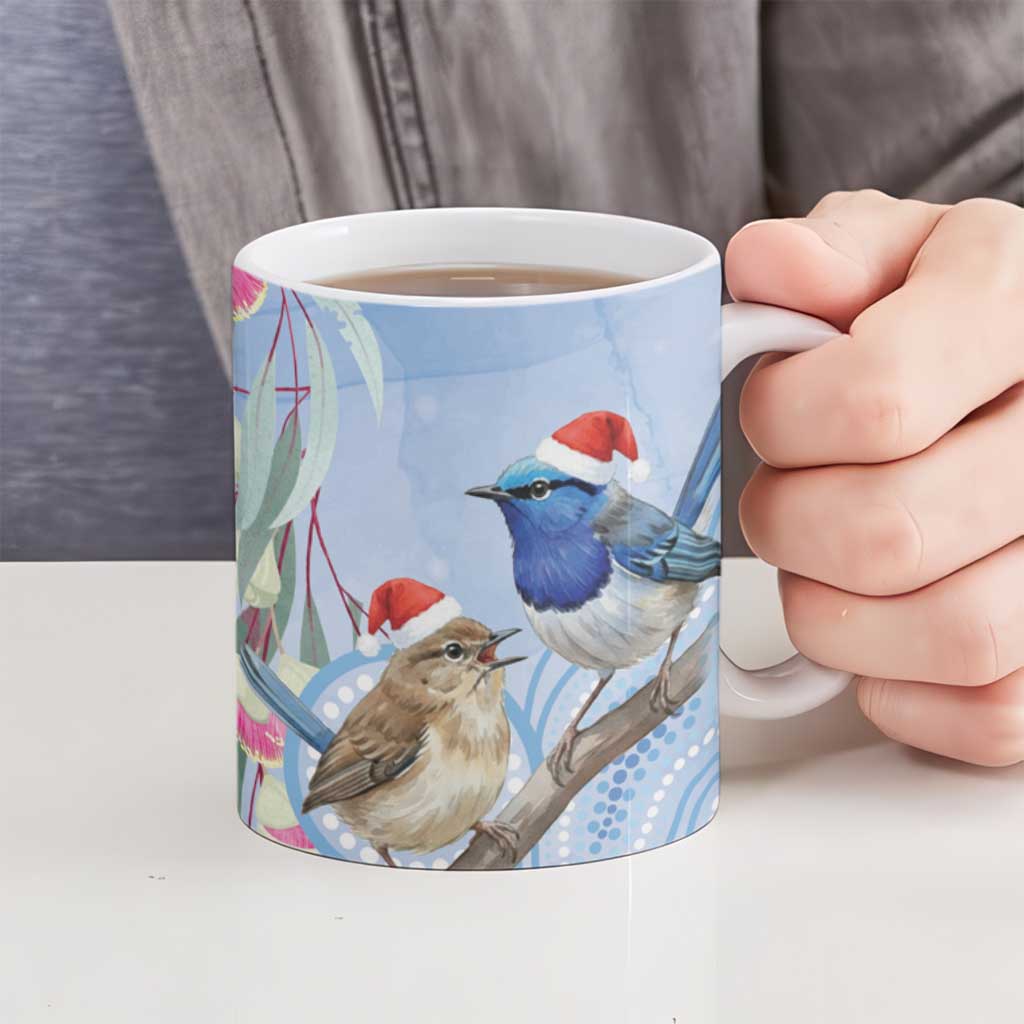 Australia Superb Fairywren Christmas Ceramic Mug Aboriginal Eucalyptus Blossoms Watercolor - Aussie Hoodie
