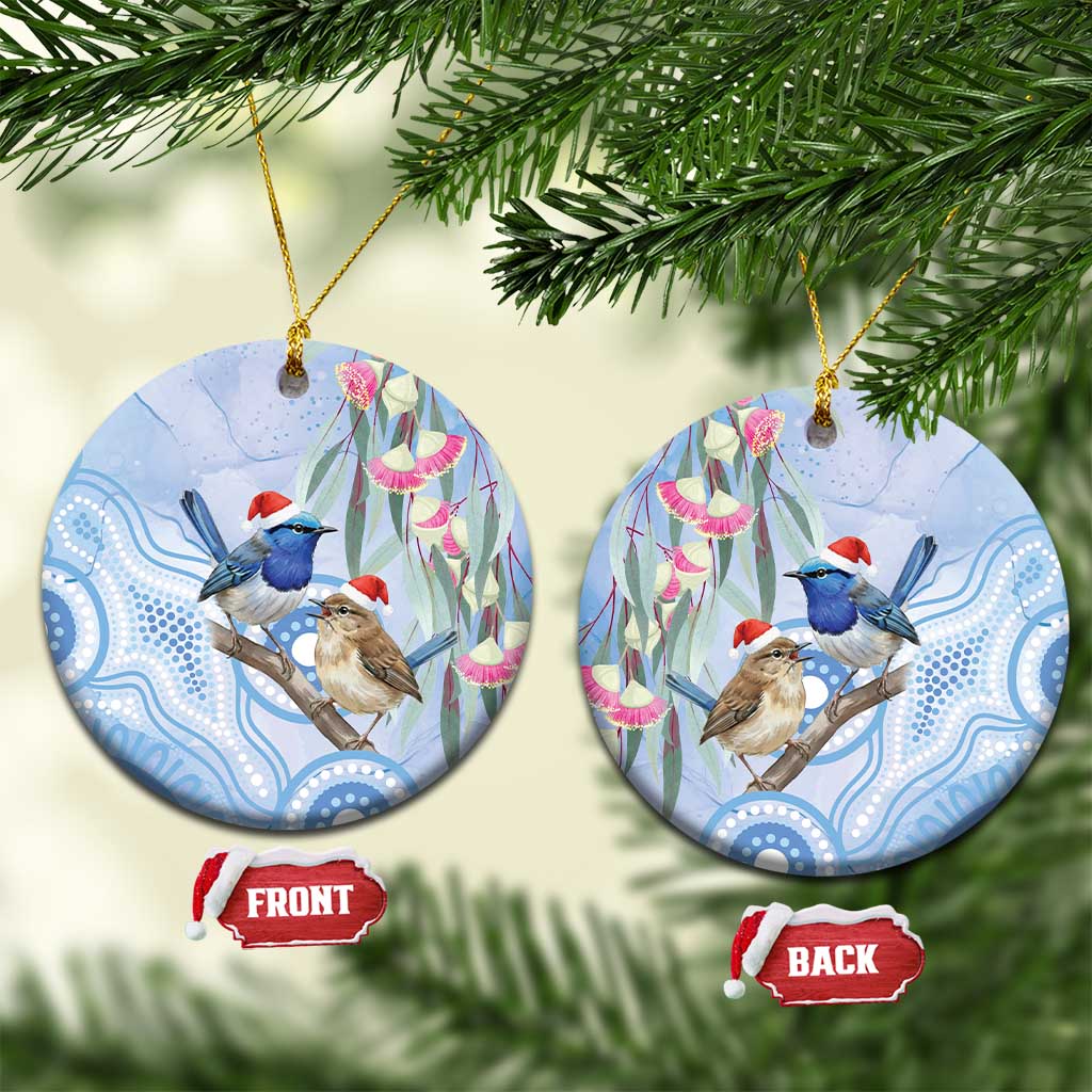 Australia Superb Fairywren Christmas Ceramic Ornament Aboriginal Eucalyptus Blossoms Watercolor - Aussie Hoodie