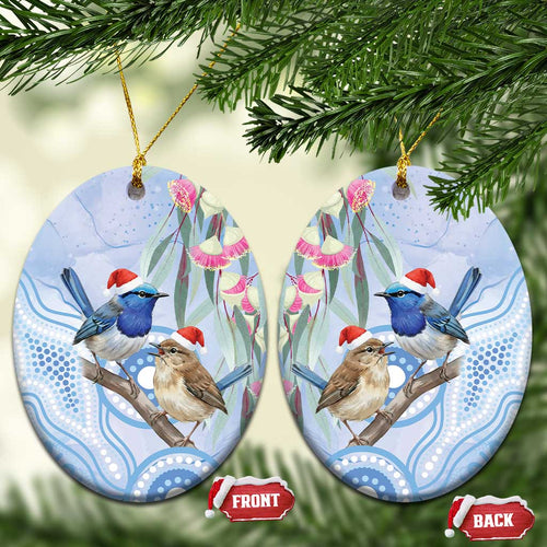 Australia Superb Fairywren Christmas Ceramic Ornament Aboriginal Eucalyptus Blossoms Watercolor - Aussie Hoodie