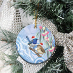 Australia Superb Fairywren Christmas Ceramic Ornament Aboriginal Eucalyptus Blossoms Watercolor - Aussie Hoodie