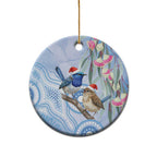 Australia Superb Fairywren Christmas Ceramic Ornament Aboriginal Eucalyptus Blossoms Watercolor - Aussie Hoodie